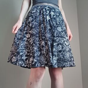 Vintage Cotton Rose Printed Knee Length A-Line Skirt